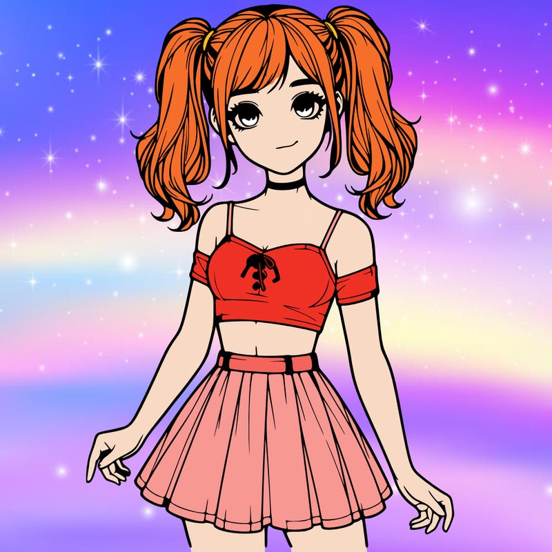 realistic girl in a skirt crop top and pigtails