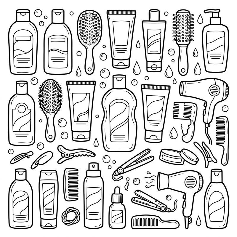 Let your child's imagination shine with this delightful travel size haircare coloring page! They'll love bringing to life miniature shampoos, conditioners, brushes, and other fun hair tools.