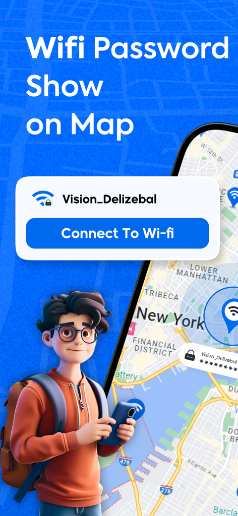 WiFi Password Map Wifi Hotspot - A map interface showing available WiFi hotspots and passwords in New York City with a connect button.