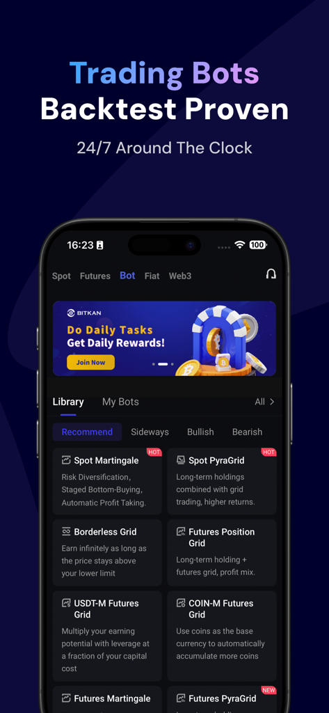BitKan: Buy Bitcoin & Crypto - Interfaz de la aplicación móvil BitKan que muestra varios bots de trading de criptomonedas automatizados