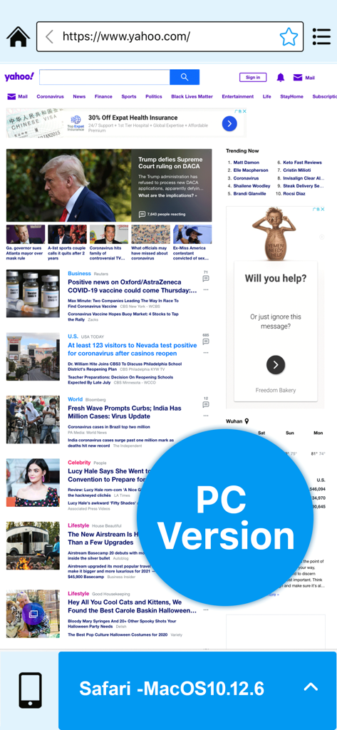Desktop PC Browser - Desktop PC Browser app displaying the desktop version of a website on a mobile device using a Safari MacOS user agent.