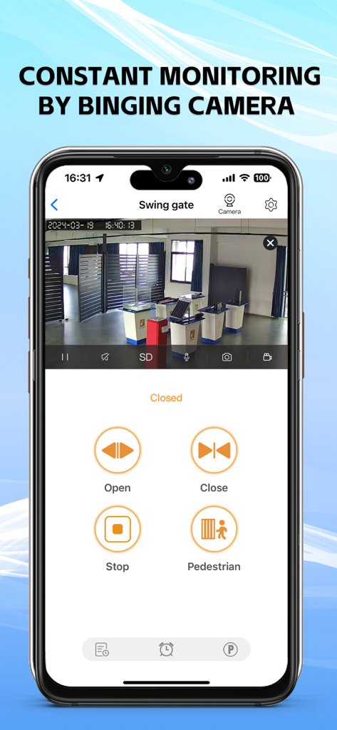 XHouse IOT app interface showing remote swing gate control with live camera feed and monitoring features