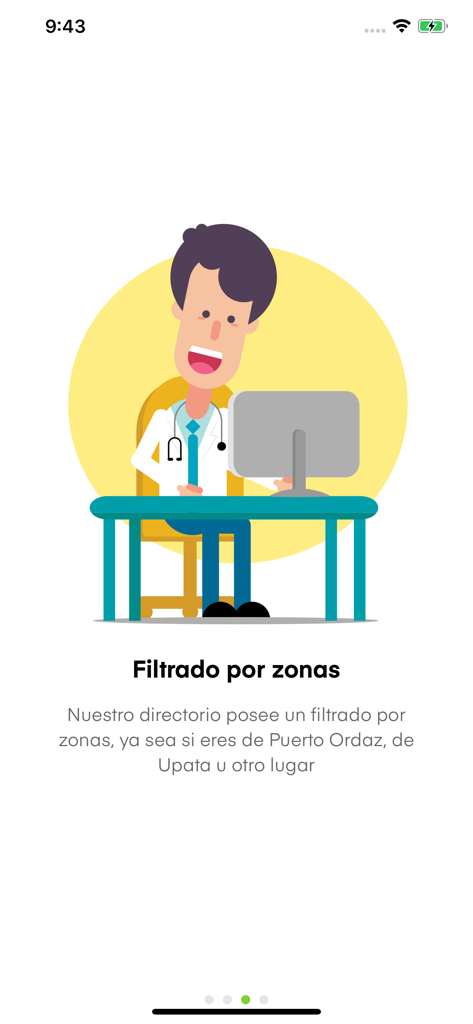 Guía Médica de Venezuela - Onboarding screen of the Guía Médica de Venezuela app showing the feature to filter doctors by geographic zone.