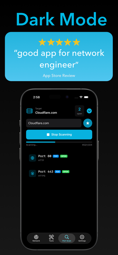 Pingers - Network Tools - Interfaccia dell'app Pingers che mostra uno scanner di porte in modalità scura su un iPhone