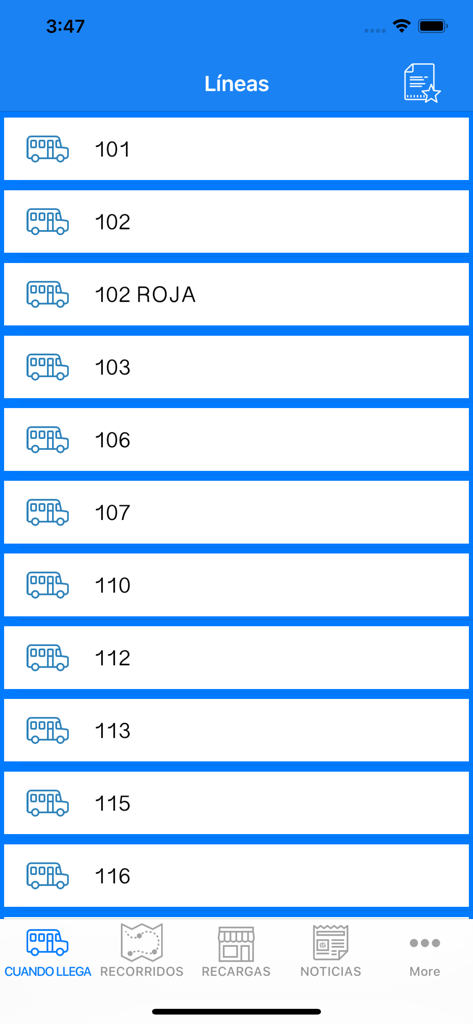 MOVI Rosario app bus lines list screen