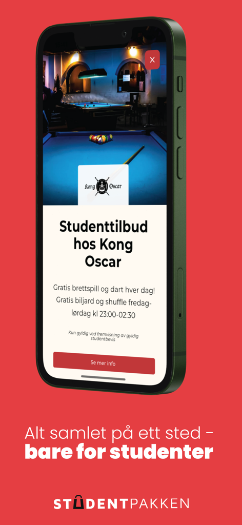 Studentpakken - A smartphone screen showing the Studentpakken app with a local student discount for a billiards club.
