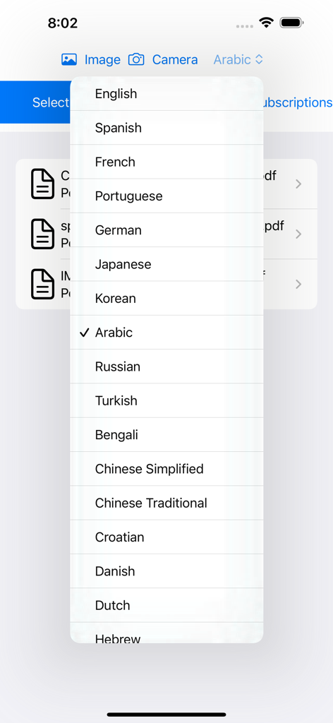 PDF Converter , PDF Reader - Menú desplegable de selección de idioma en la interfaz de la aplicación Convertidor y Lector de PDF que muestra opciones como inglés, español y árabe.