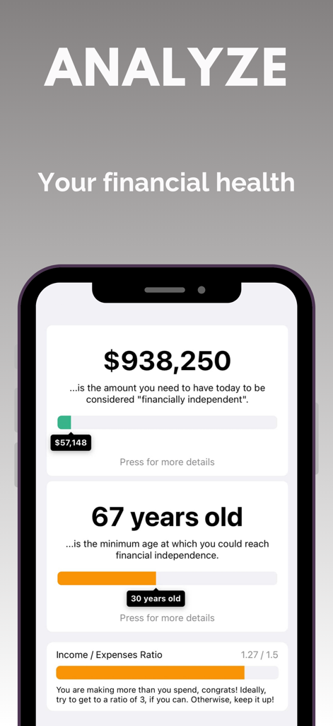 Bonfire: Budgeting - Bonfire app screen showing financial independence goals and income to expenses ratio