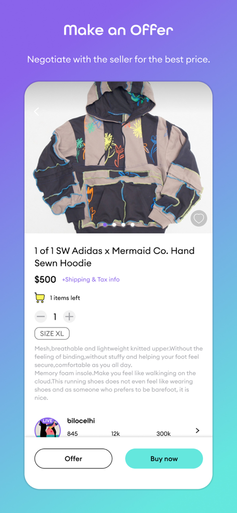 ezze: Stream, Shop & Socialize - Mobile app interface for ezze displaying a vintage hoodie with options to negotiate price or buy now