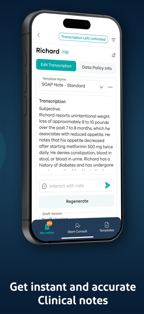 Dorascribe - Dorascribe mobile app interface displaying an AI-generated clinical SOAP note for a patient visit.