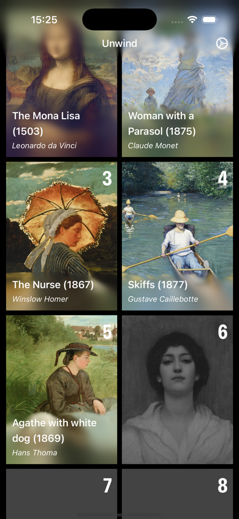 Art Puzzle: Unwind - A gallery view in the Art Puzzle Unwind app showcasing famous masterpieces like the Mona Lisa and Woman with a Parasol for users to select as puzzles.