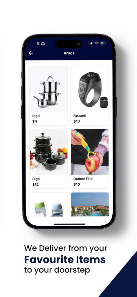 Geenyo mobile app interface displaying kitchenware and household items for local delivery