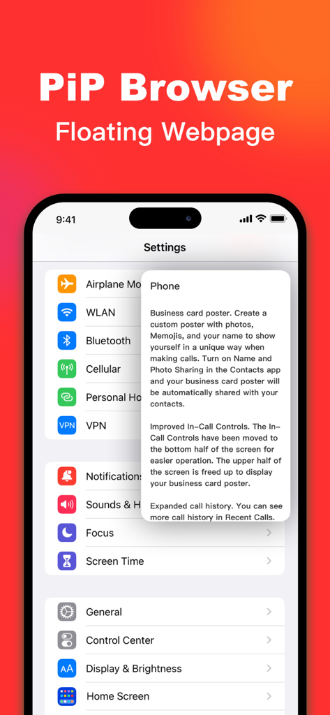 iPhoneの設定メニューの上に表示されているPiP Splitwareからのフローティングブラウザウィンドウでマルチタスクを実行