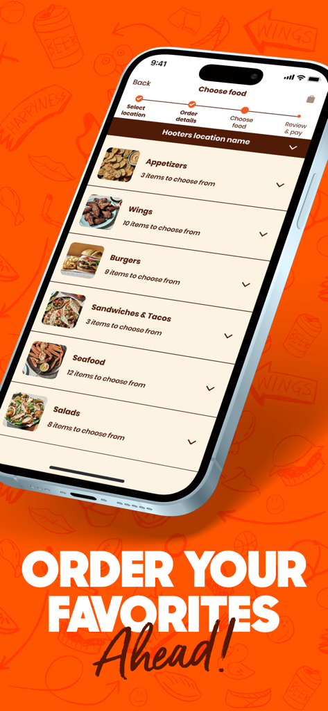 Hooters - Ordering and Rewards - Hooters mobile app screen showing menu categories like wings and burgers with an order ahead call to action