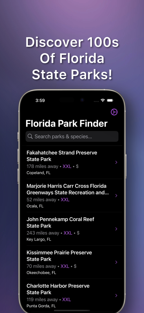 FL Parks: Map & Guide - Florida Park Finder app interface displaying a list of state parks with distances and search bar