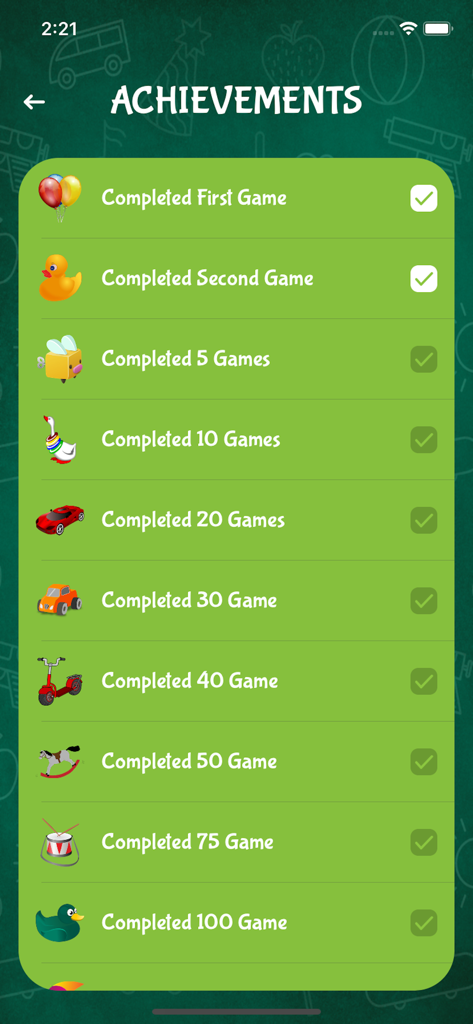 Match It - Fun Learning Game - Achievements screen in the Match It learning game showing a list of completed milestones with colorful toy icons and checkmarks on a green background.