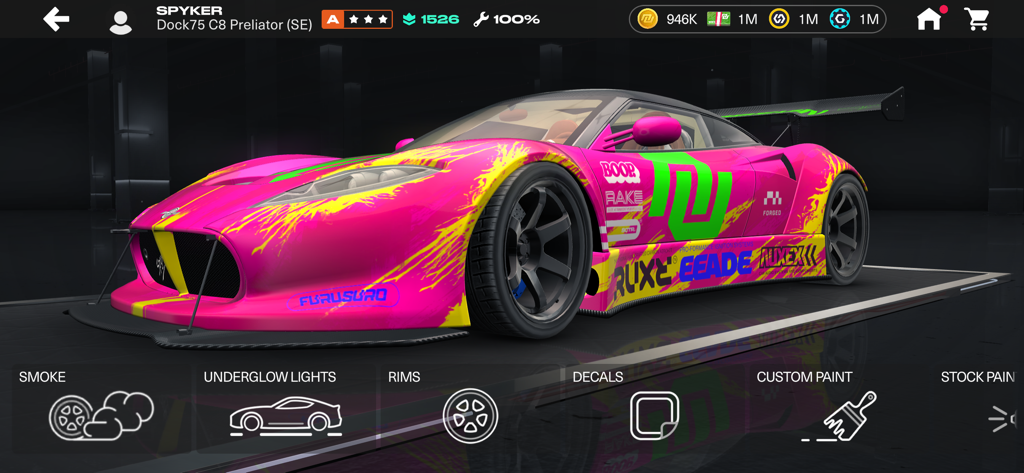 Nitro Nation World Tour - Customizing a bright pink and yellow supercar in the Nitro Nation World Tour workshop menu.