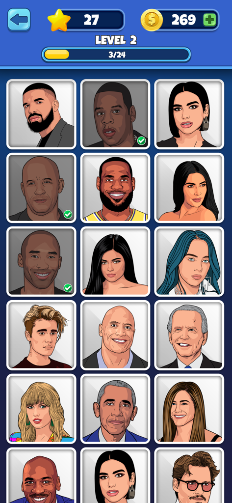 Who is it? Celeb Quiz Trivia - A grid of celebrity drawings in the Who is it Celeb Quiz Trivia game showing famous faces from music sports and politics