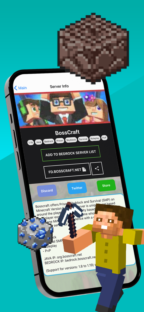 Screenshot der Find Diamonds Minecraft App, der Serverinformationen für BossCraft einschließlich sozialer Links und Serverlistenoptionen anzeigt