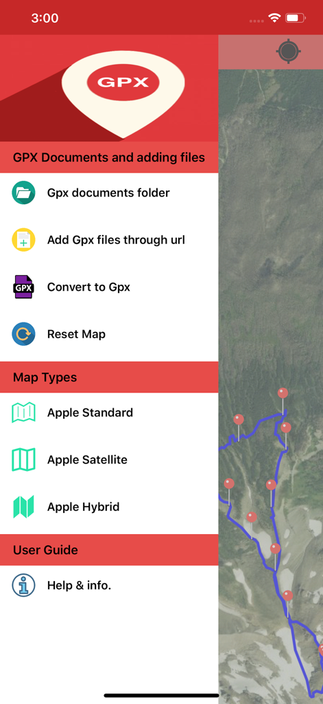 Gpx Viewer-Gpx Converter app - Side menu of Gpx Viewer app showing document management and map style options over a satellite map