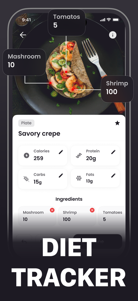 KKAL AI - Calorie Counter - Reconocimiento de alimentos por IA identificando ingredientes y macros de una crepe salada.