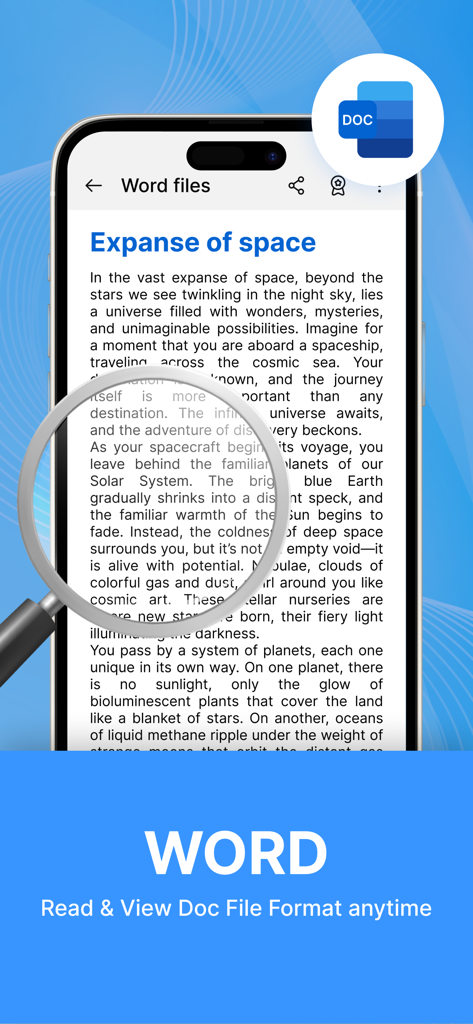 PDF Reader - Smart Reader - Un smartphone mostrando un documento de Word sobre el espacio dentro de la app Lector de PDF Lector Inteligente