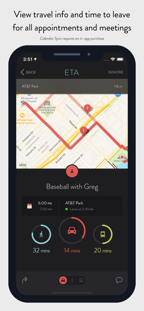 A mobile app interface displaying travel times for driving walking and transit to a calendar event