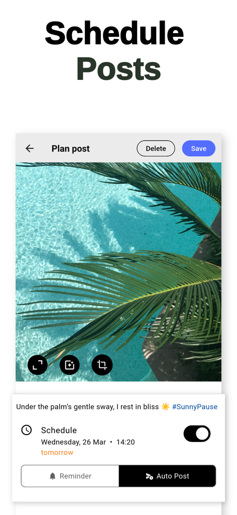 Interface de l'application InPlan montrant comment planifier une publication Instagram avec publication automatique et édition de légende