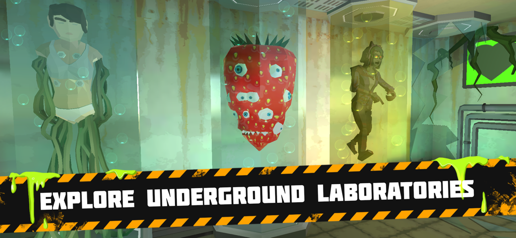 Bunker: Zombie Survival Games - Mutated specimens in containment tanks inside an underground laboratory.