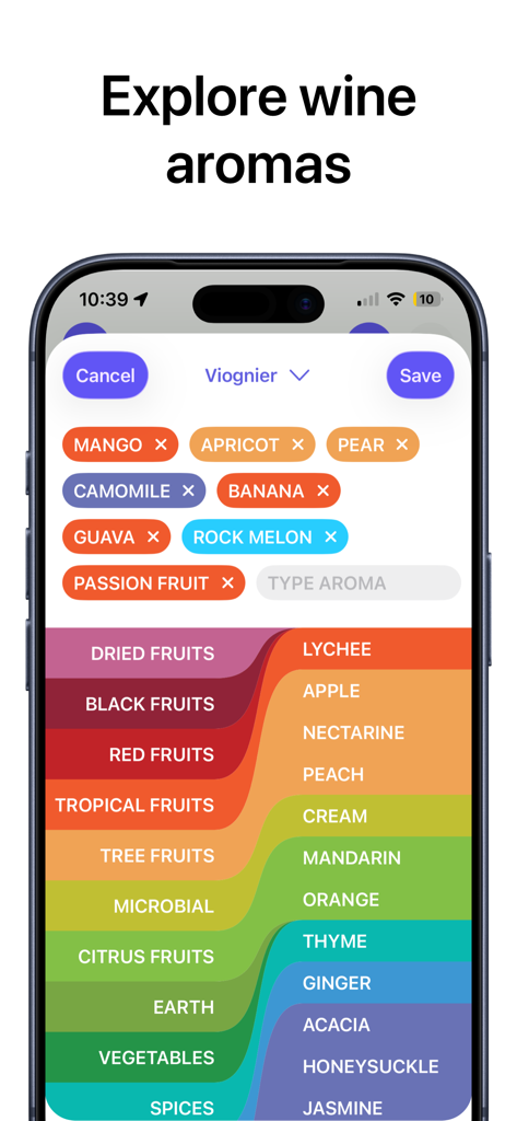 gotBottle: Wine Notes - A mobile app interface displaying a wine aroma picker with tags like mango and apricot and a color-coded flavor chart.