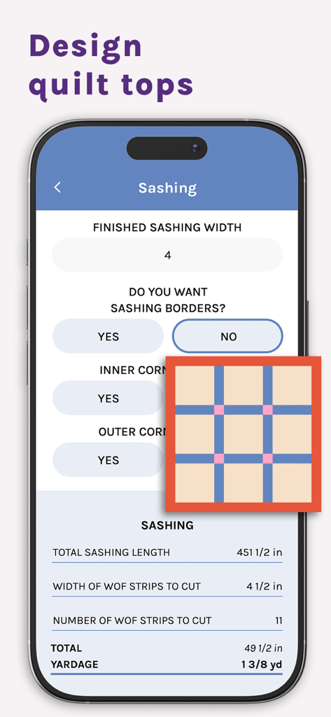 Quilt Geek Quilting Calculator - Quilt Geek sashing calculator interface for designing quilt tops and calculating fabric yardage