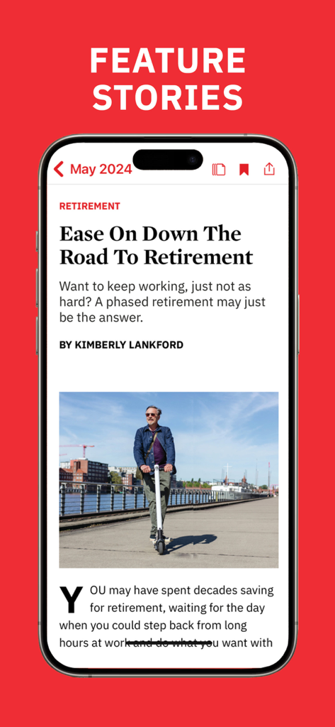 Kiplinger Personal Finance App zeigt einen Feature-Artikel über Ruhestandsplanung auf einem Smartphone.