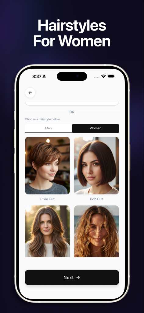 Hairstyle Try On & Hair AI - AI hairstyle app screen showing various hair options for women including pixie and bob cuts