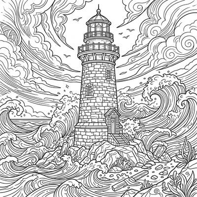 Embark on a creative journey with this captivating coloring page featuring a resilient stone lighthouse. Perfect for teens, this intricate design invites you to bring a stormy seascape to life with your unique palette.