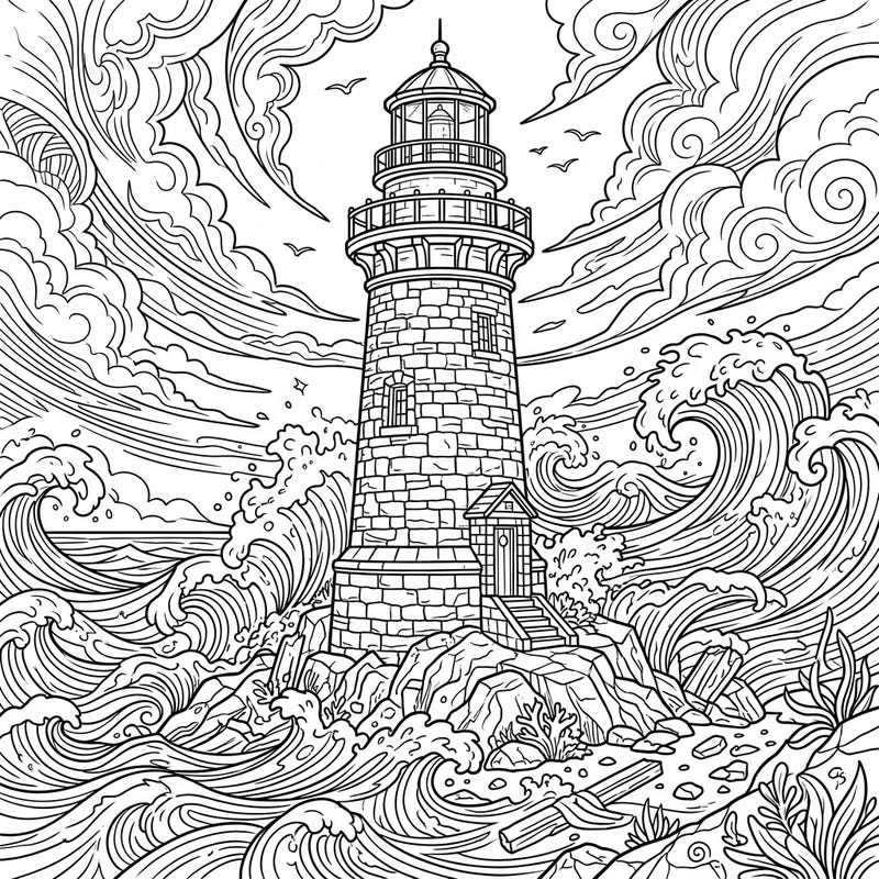 Embark on a creative journey with this captivating coloring page featuring a resilient stone lighthouse. Perfect for teens, this intricate design invites you to bring a stormy seascape to life with your unique palette.