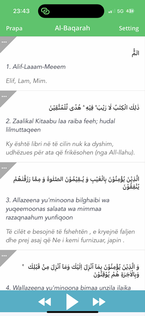 Kurani ne Shqip - Quran in Albanian app interface showing Surah Al-Baqarah verses with transliteration translation and audio controls