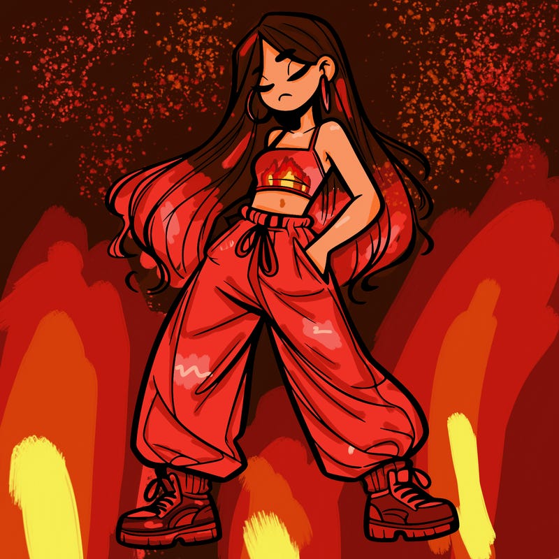 girl in baggy pants crop top and long hair