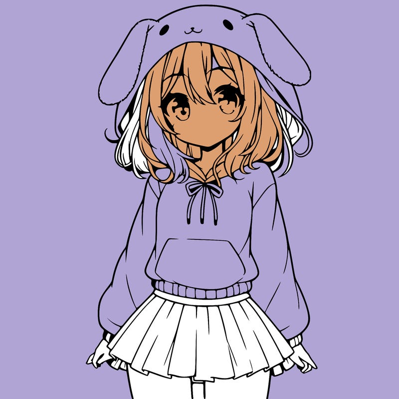 pretty anime girl wearing a fluffy hoodie with bunny ears on the hood and a skirt
