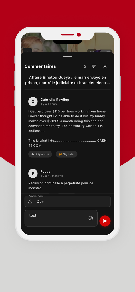Screenshot of the comments section within the Seneweb app showing user reactions to a news article