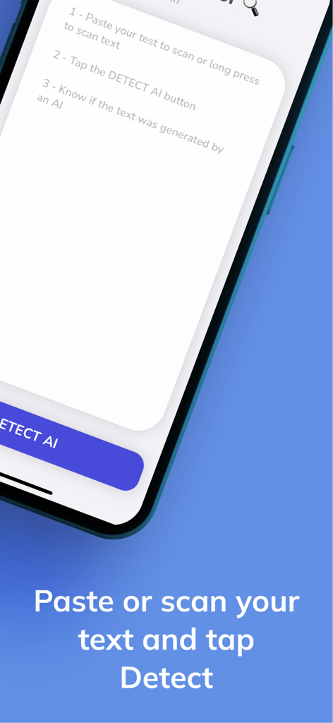 AI Detector & Undetectable AI - Mobile app interface showing instructions to paste or scan text for AI detection.