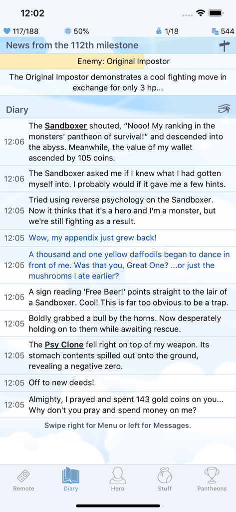 Godville - Captura de pantalla del diario del héroe de la aplicación Godville con registros de texto de aventuras humorísticas