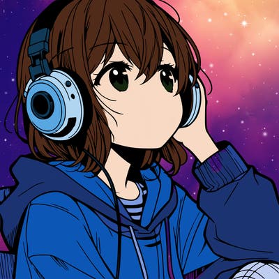 manga character that listen a music with headphone