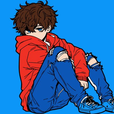a male hoddie ripped jeans messy hair anime