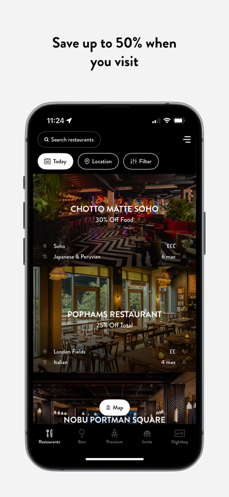 Nightkey: Exclusive Offers - Nightkey app interface displaying exclusive restaurant discounts and lifestyle offers