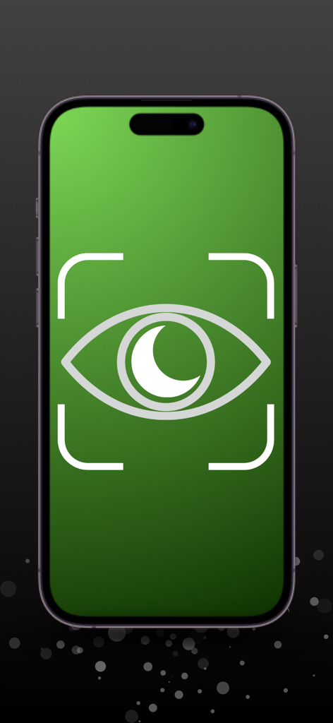 LiDAR Camera: Night camera - Aplicativo de câmera noturna LiDAR mostrando um ícone de olho verde de visão noturna na tela de um smartphone