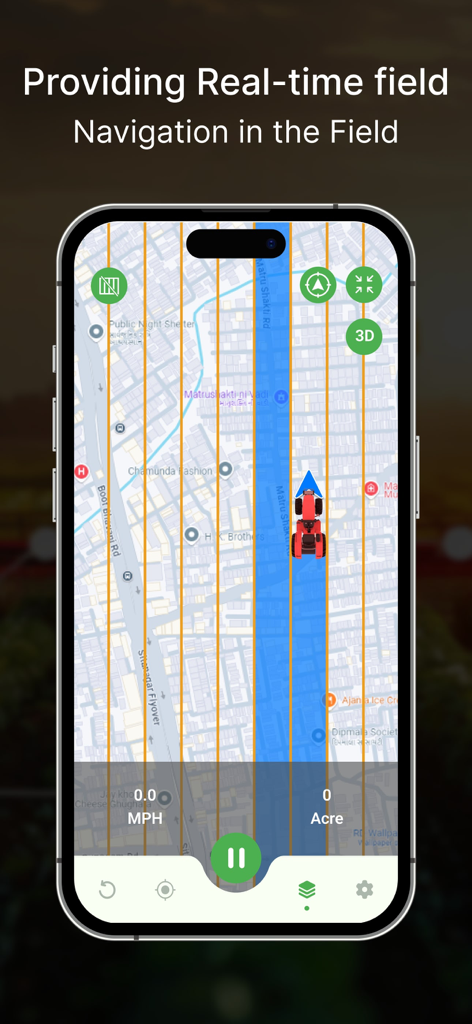 Tractor Field Navigator GPS - Tractor Field Navigator GPS app interface showing real-time tractor tracking and field mapping guidance lines.