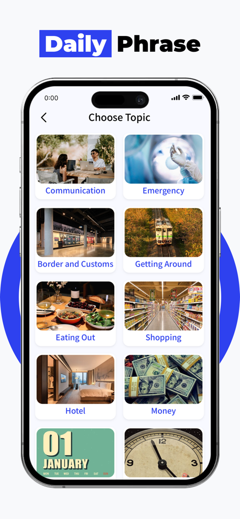Lingo Translate & Learn Mobile - Daily phrase categories in Lingo Translate app including communication emergency and travel topics