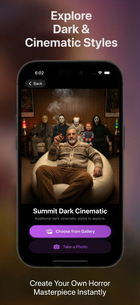 Toon App: Cartoon Photo Editor - Vista previa de Toon App del filtro de estilo cinematográfico de terror con personajes clásicos de terror.