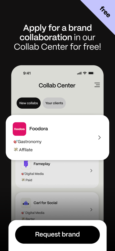 Carl for Social - Mobile screen of Carl for Social app Collab Center showing brand collaboration listings for influencers.