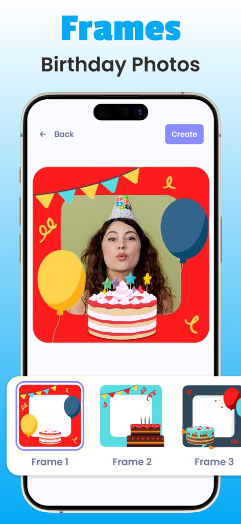 Video Maker Birthday Slideshow - ケーキや風船などのお祝いのイラストが付いた、さまざまな誕生日テーマの写真フレームを表示するスマートフォン画面。